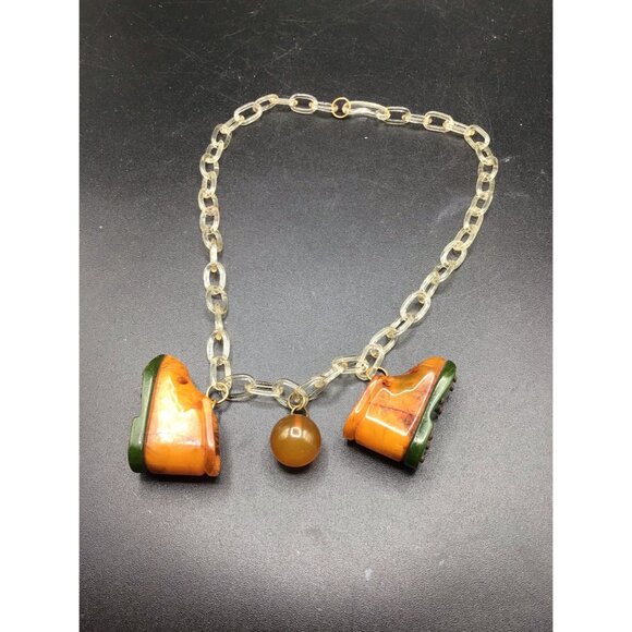 Vintage Bakelite Shoes Charms Necklace Celluloid Chain Link with Shoes and Ball - Picture 4 of 7